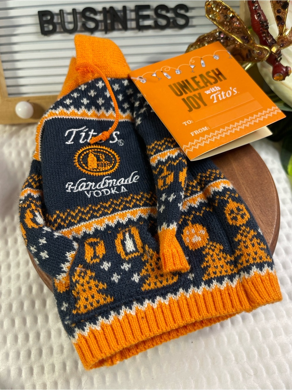 Tito's Handmade Vodka Knit Bottle Sweater in Navy & Orange